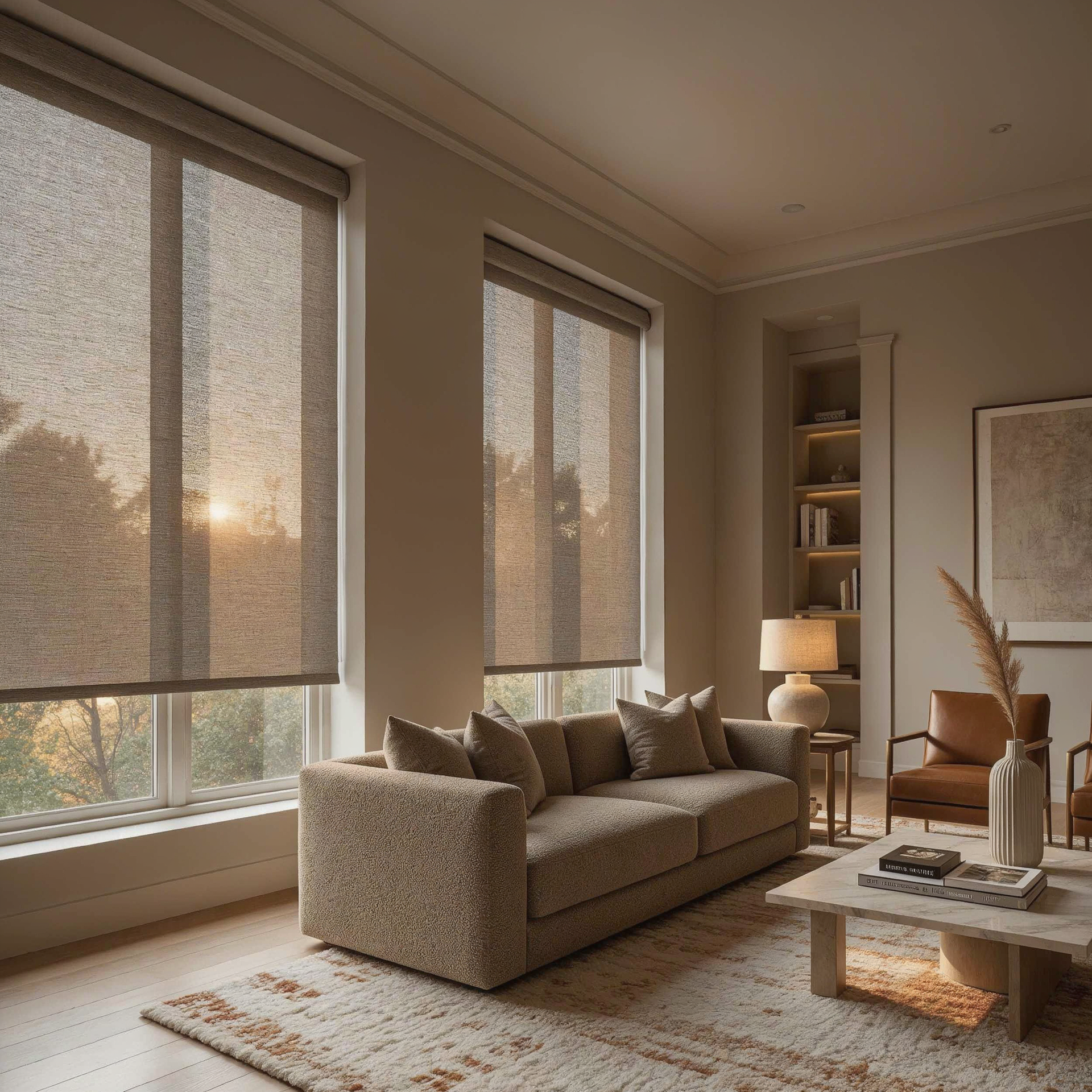 Sunlit modern living room with beige sofa, textured rug, coffee table, and tall windows with blinds