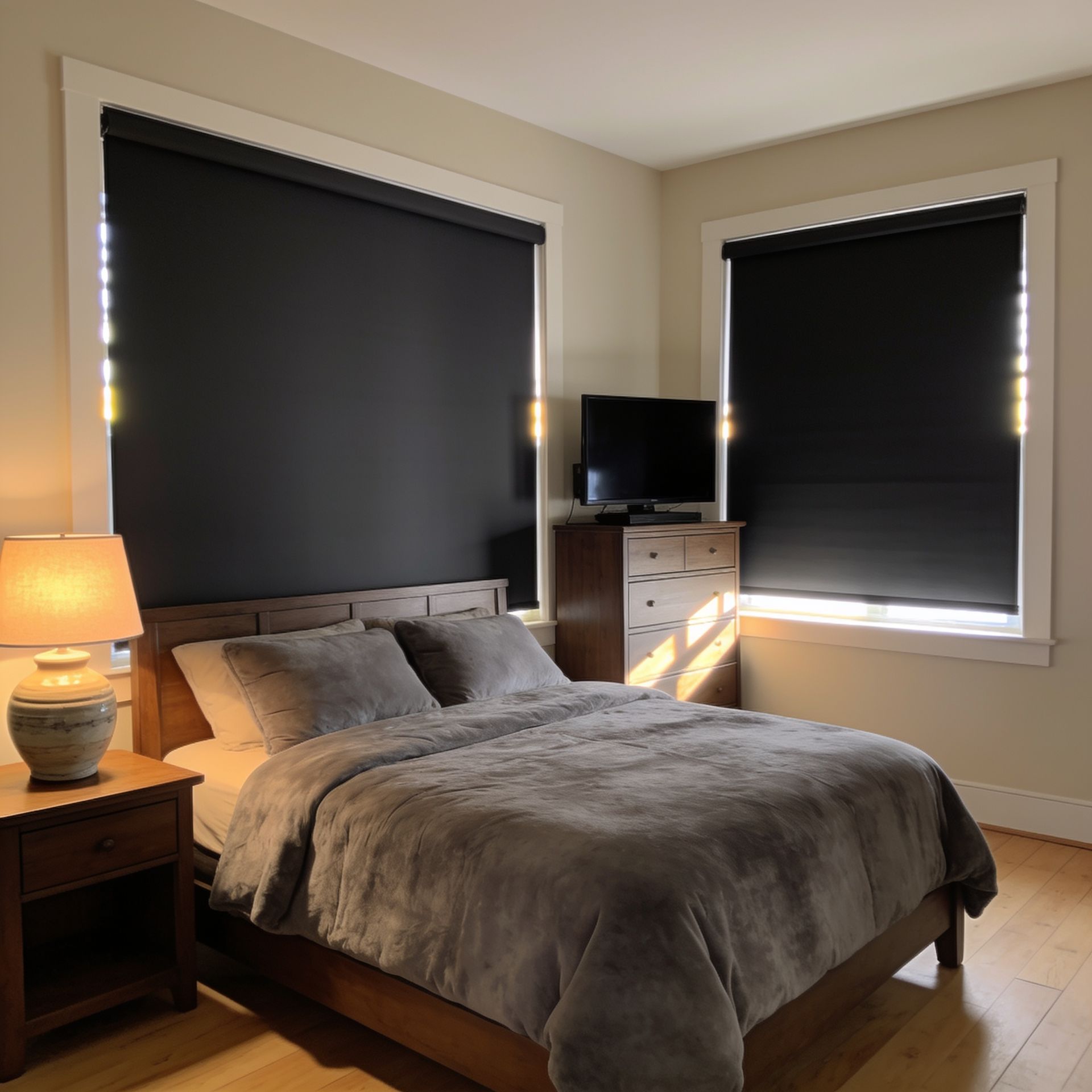 Cozy bedroom with a bed, dark window blackout shades, bedside lamp, and dresser with TV.