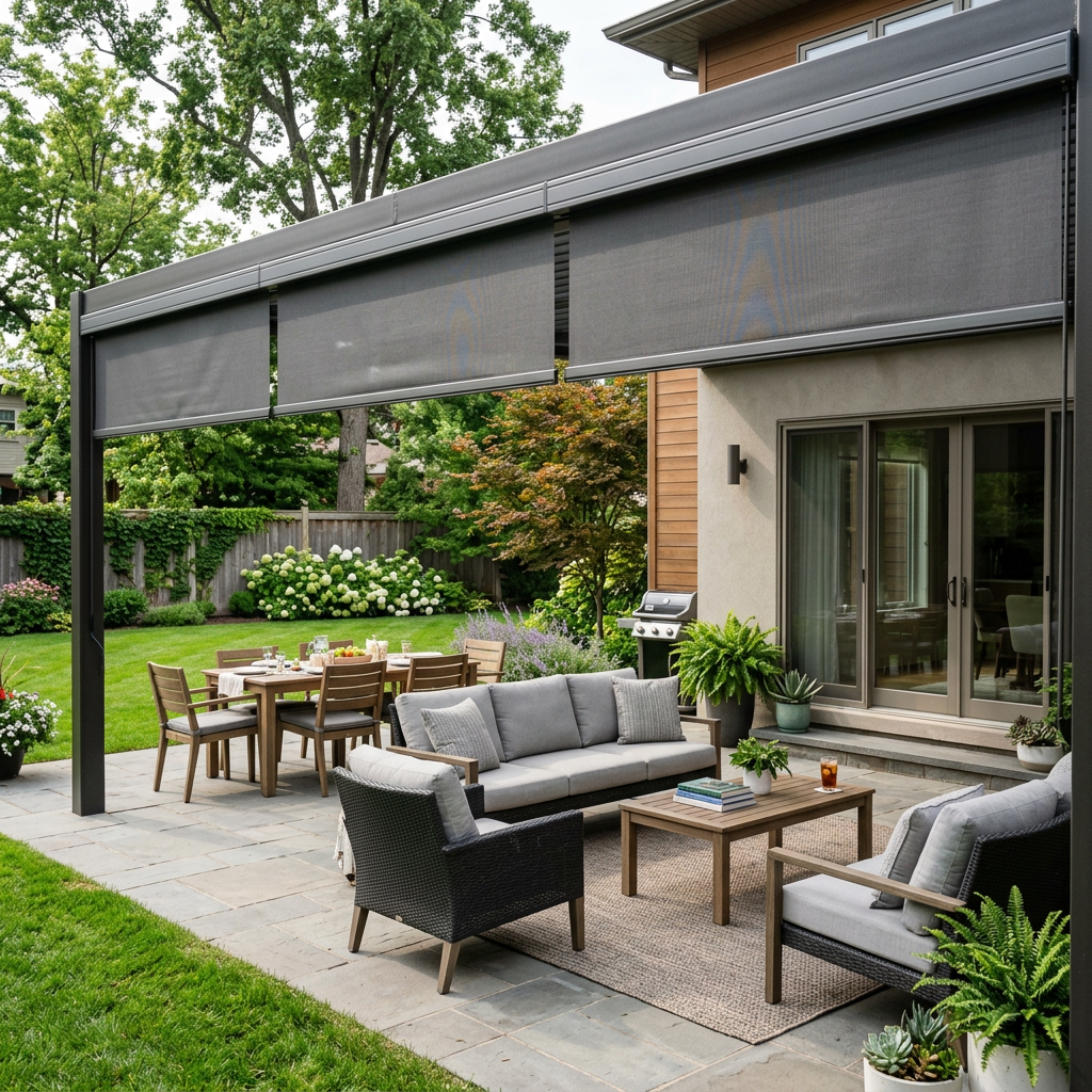 Modern patio with gray outdoor seating, dining table, and retractable shades beside a house and garden