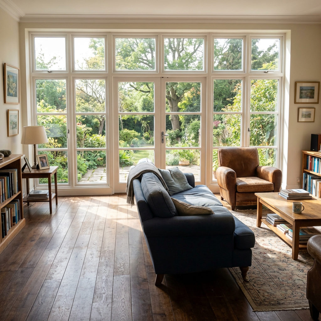 Bright living room with large windows, dark sofa, tan armchair, and wooden coffee table overlooking greenery