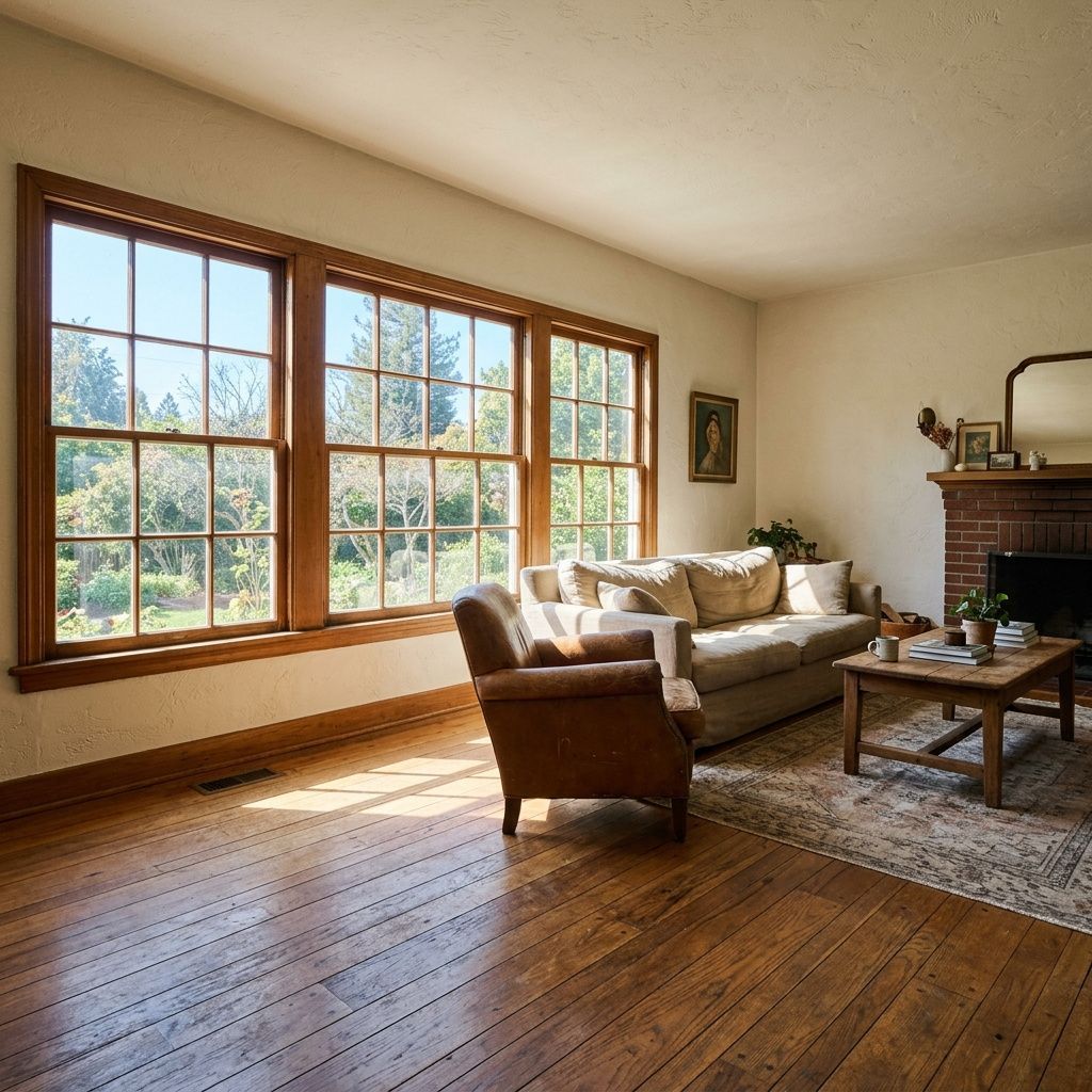 Sunlit living room with large windows, wooden floors, sofa, armchair, coffee table, and brick fireplace