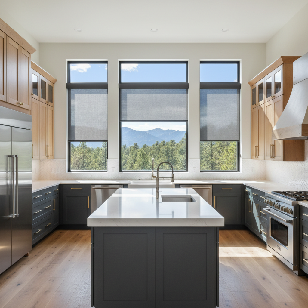 Bright modern kitchen with dark island, stainless appliances, and large windows overlooking mountains
