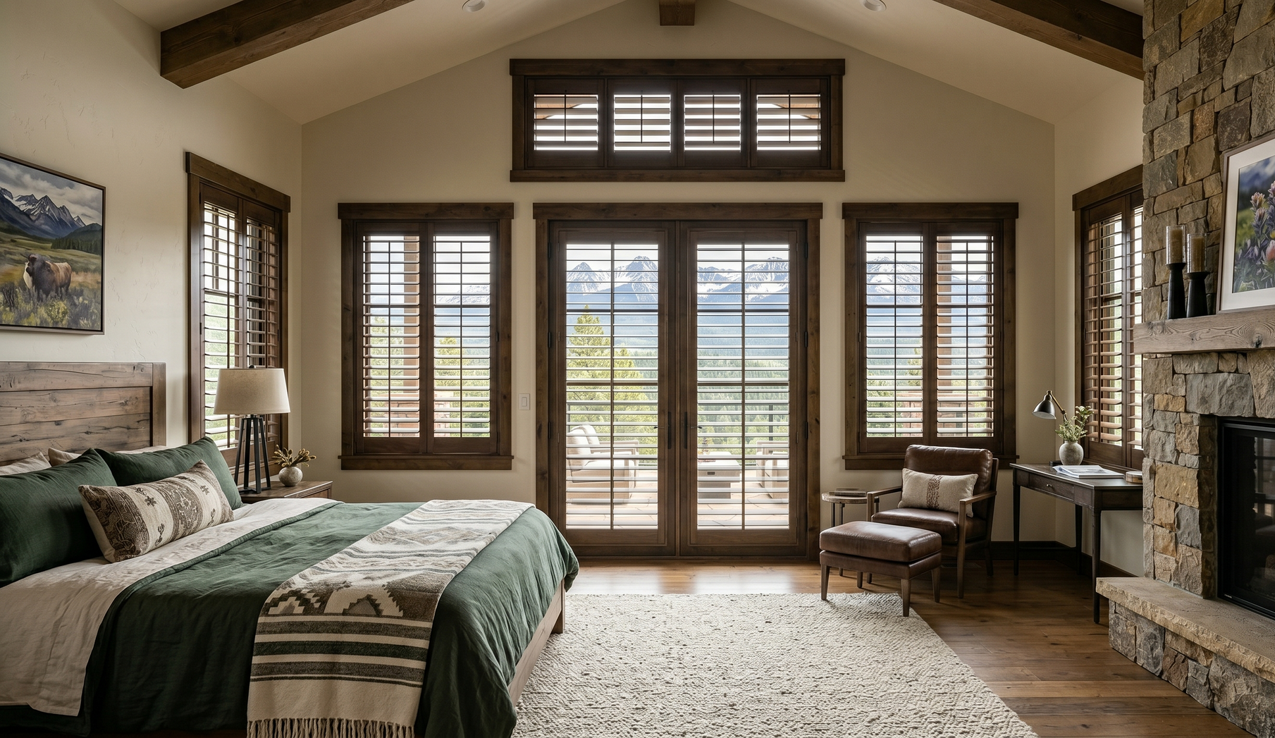 A rustic bedroom with a green bedspread, a stone fireplace, and tall windows overlooking a mountain view.