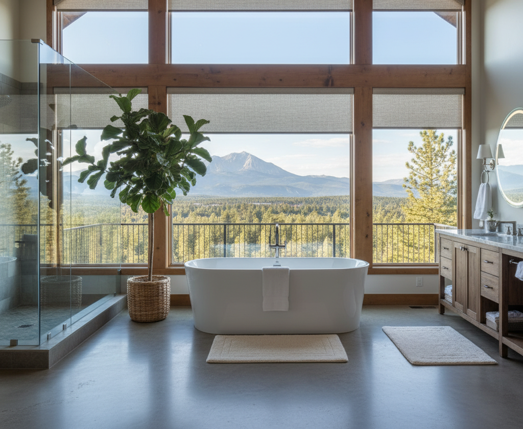 Modern bathroom with a freestanding tub, large windows, and mountain views.