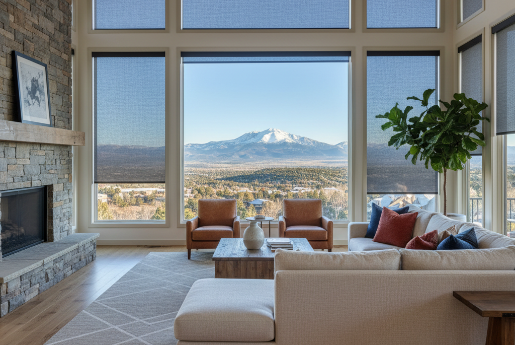 Living room with mountain view, large windows, solar shades, tan sofa, and armchairs.