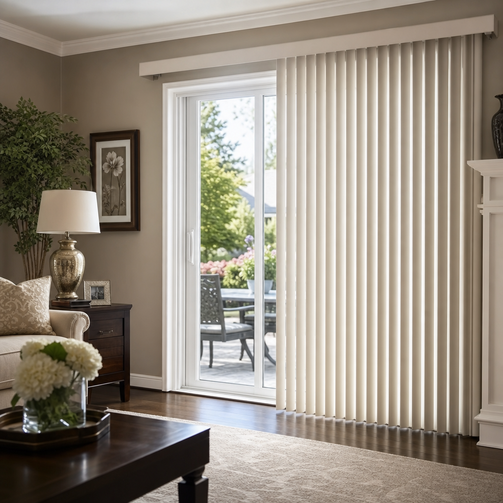 Bright living room with vertical blinds open to a patio, featuring a lamp, flowers, and a dark coffee table.
