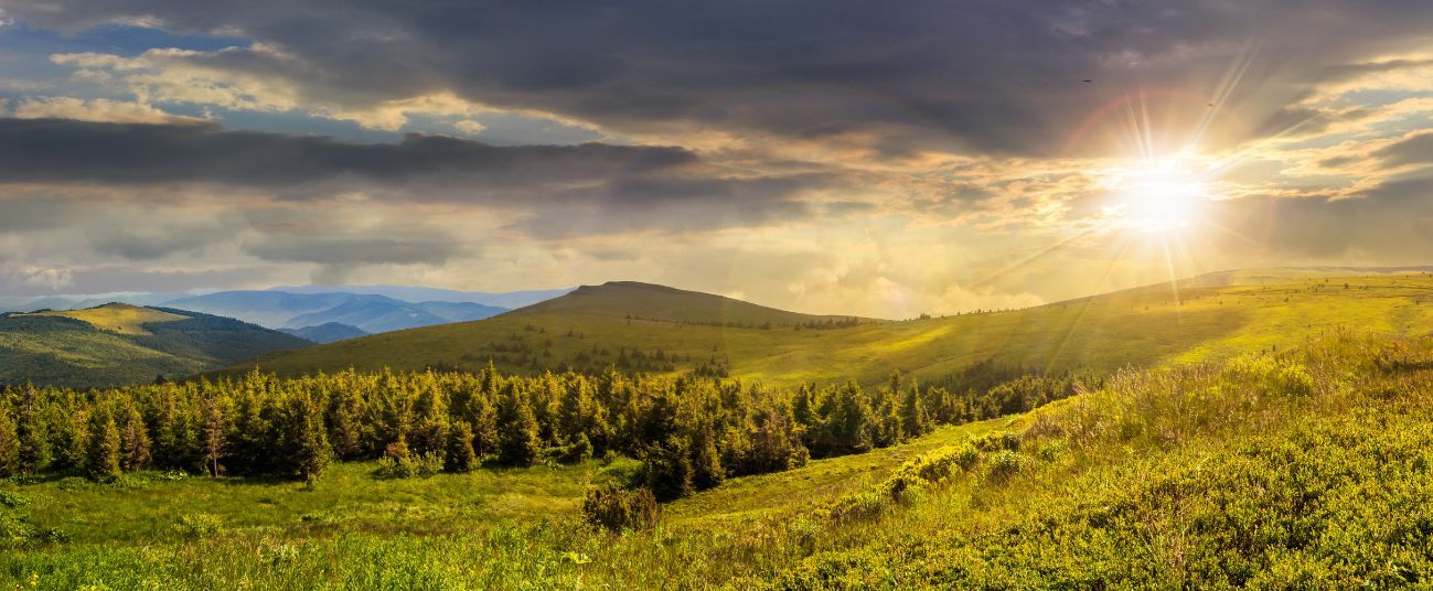 Rolling green hills and a forest are bathed in bright sunlight piercing through cloudy skies.