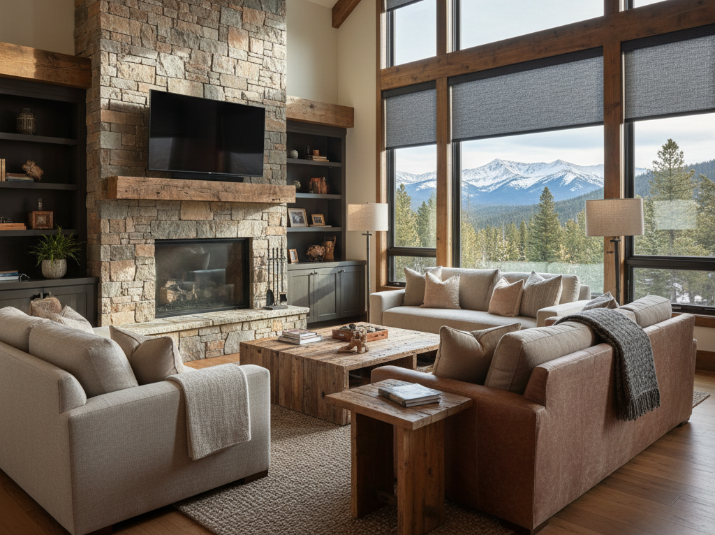 Cozy living room with stone fireplace, large windows with roller shades, and neutral furniture.