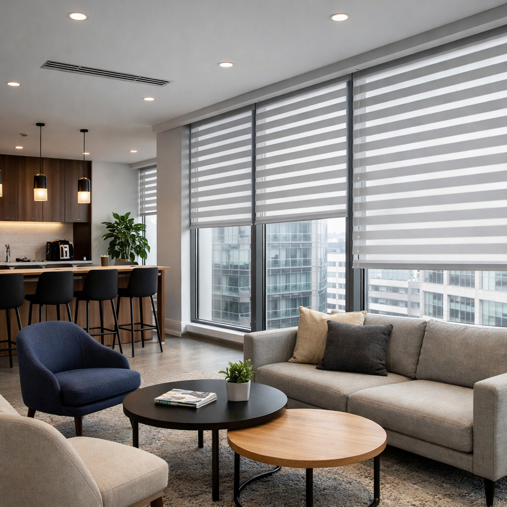 A modern, sunlit apartment living room with a grey sofa, a blue armchair, two coffee tables, and an open-plan kitchen.