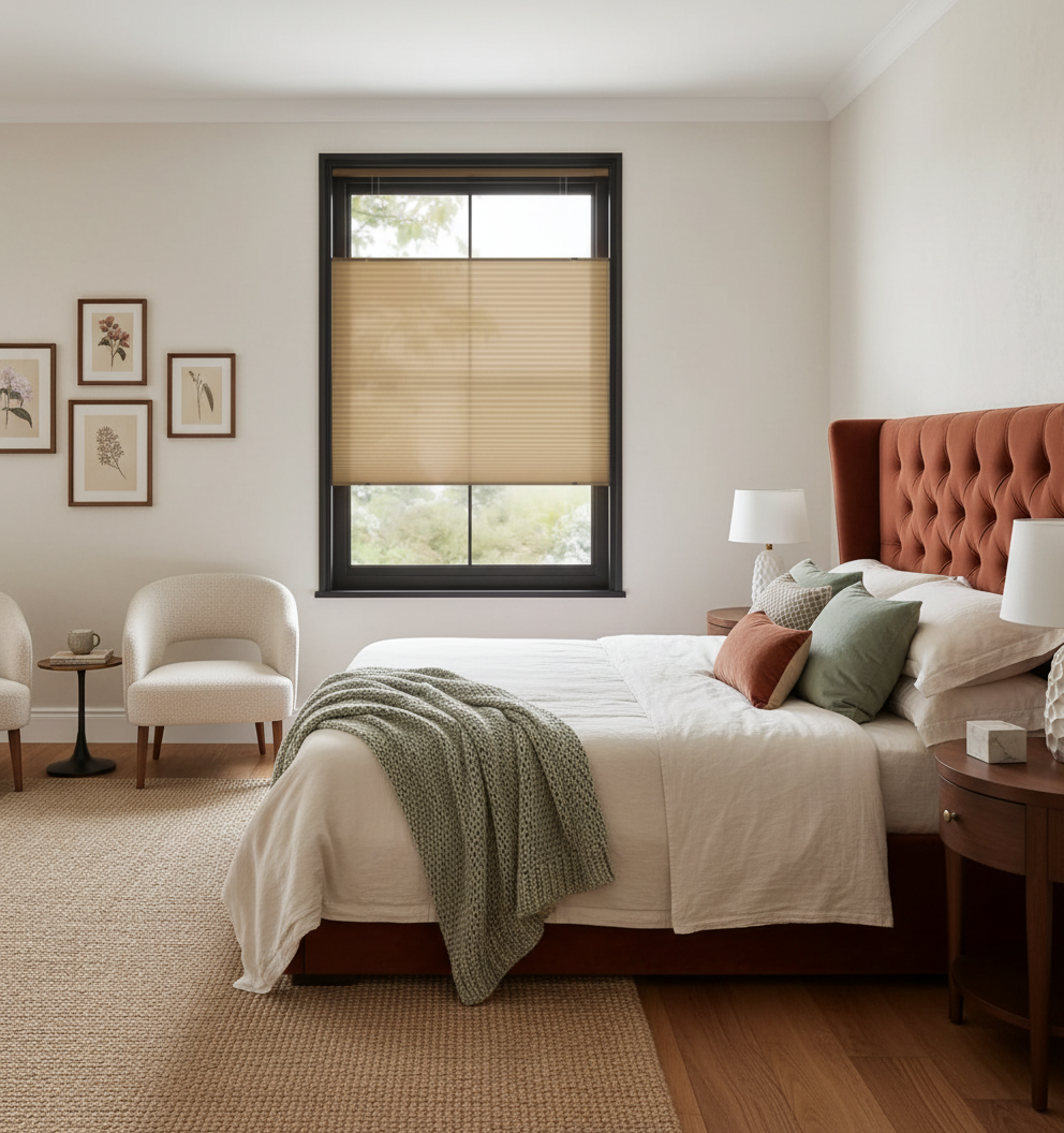 Bedroom with bed, chairs, artwork, and window with beige honeycomb shades; cozy, neutral tones.