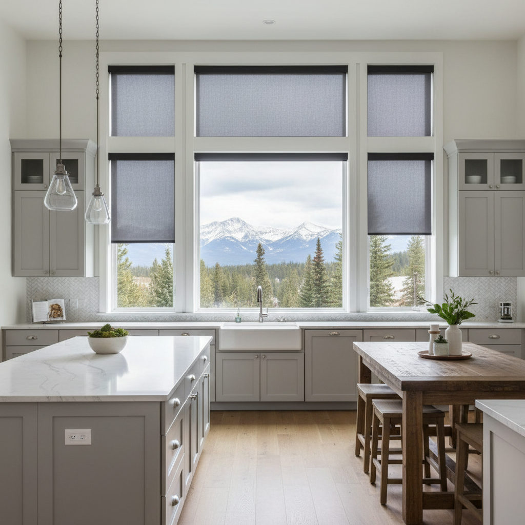 Kitchen with large windows that have motorized shades, mountain view, gray cabinets, and a white island.