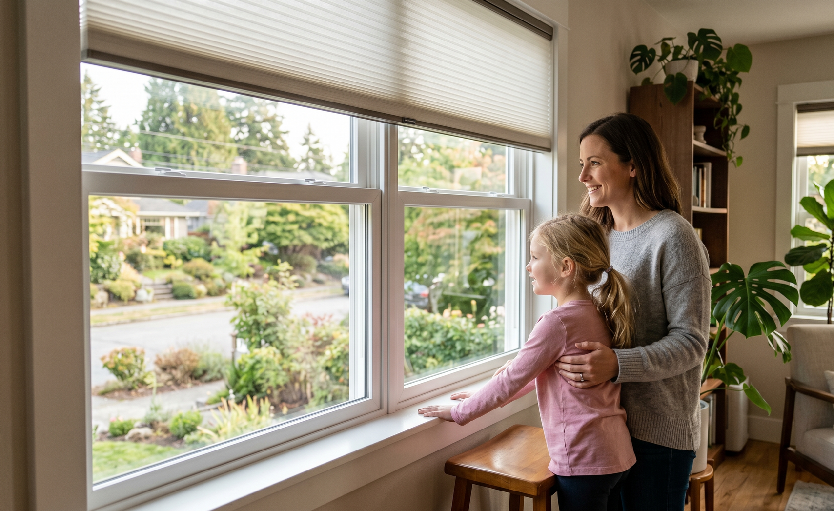 Woman and child standing by a window, looking outside at a sunny neighborhood street