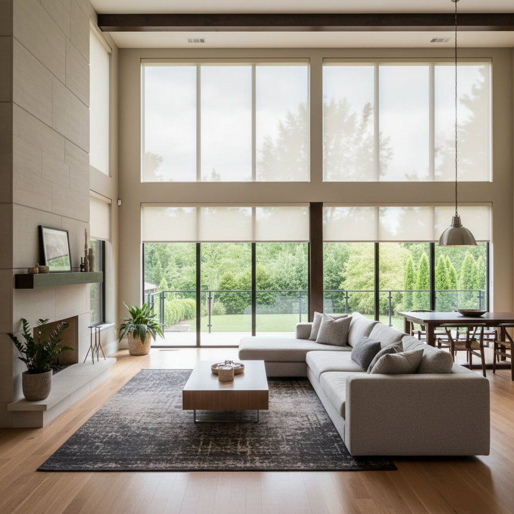 Modern living room with floor-to-ceiling windows with motorized solar shades, light-colored sectional sofa, fireplace, and dining table.
