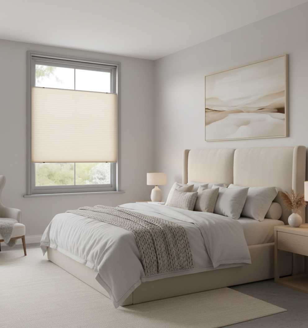 A bright, modern bedroom featuring a bed with neutral bedding, a wall-mounted landscape print, and a window with a shade.