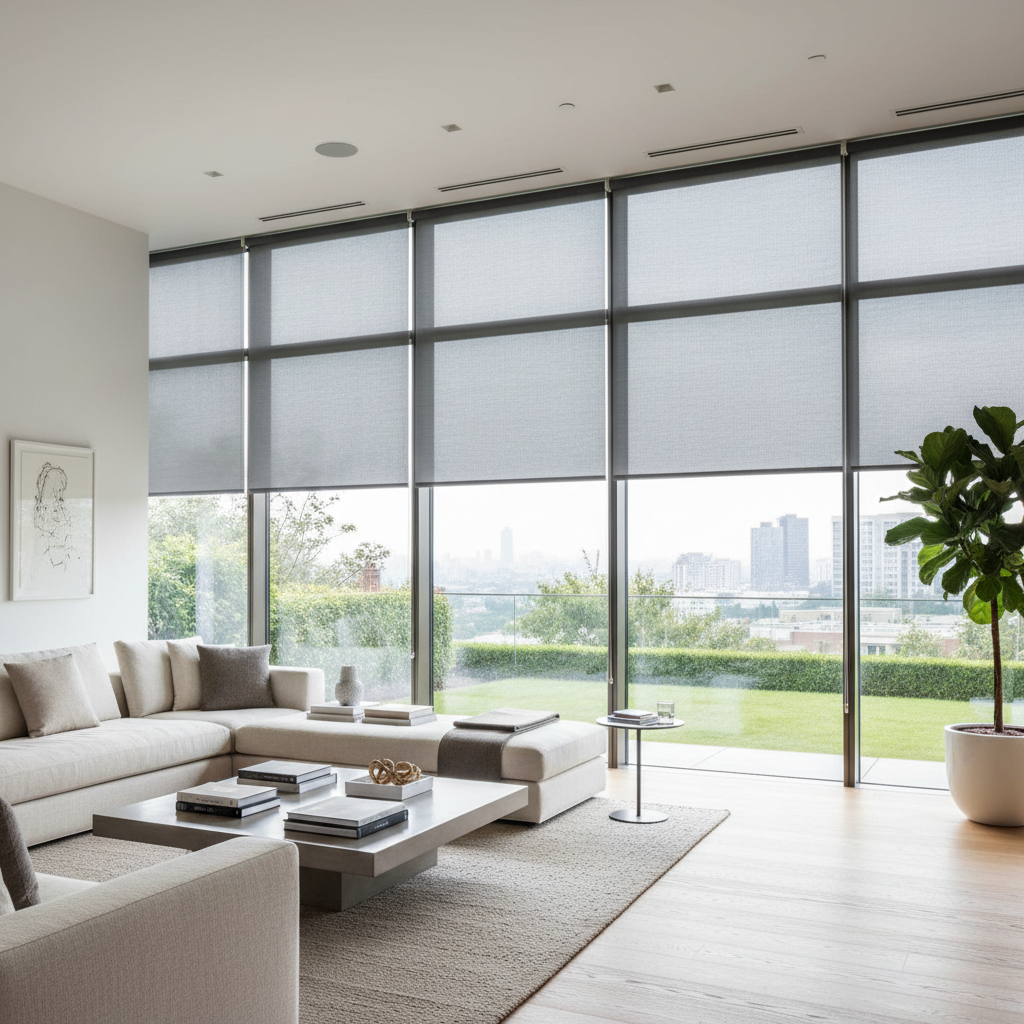 Modern living room with large windows, light gray motorized blinds, and a sectional sofa.