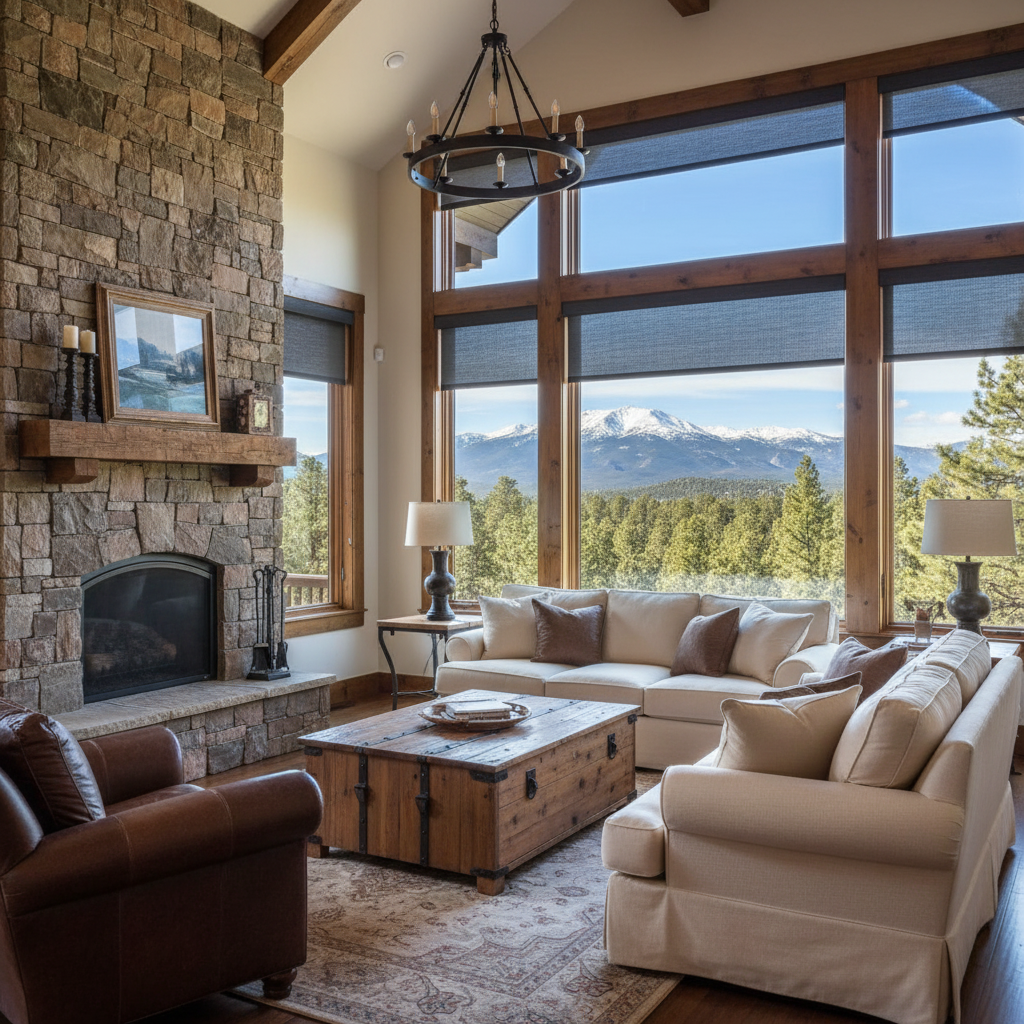 Living room with stone fireplace, large windows with roller shades, and cozy furniture.