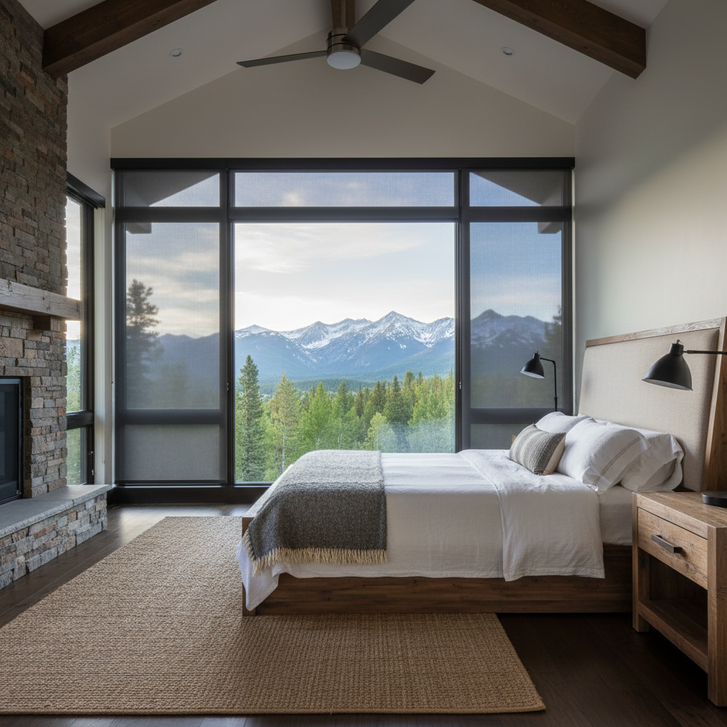 Bedroom with mountain view, stone fireplace, large window with shades, bed, wood furniture, and tan rug.