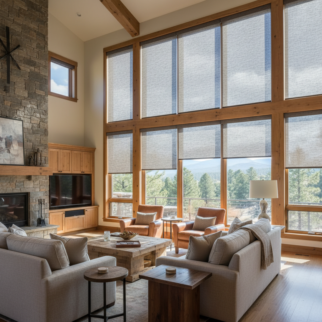 A spacious, sunlit mountain living room with stone fireplace, neutral sofas, and large windows with partial shade.