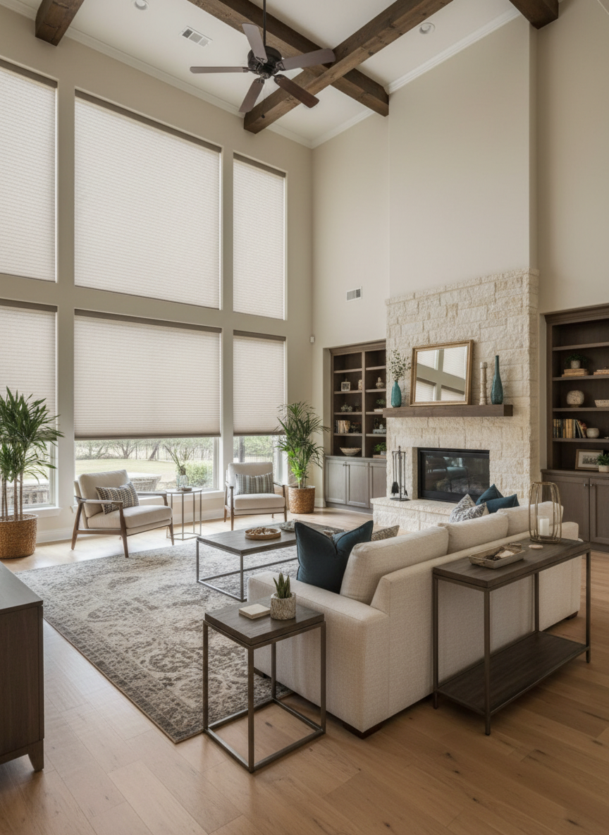 A bright living room with tall windows, a stone fireplace, light-colored furniture, and wooden ceiling beams.