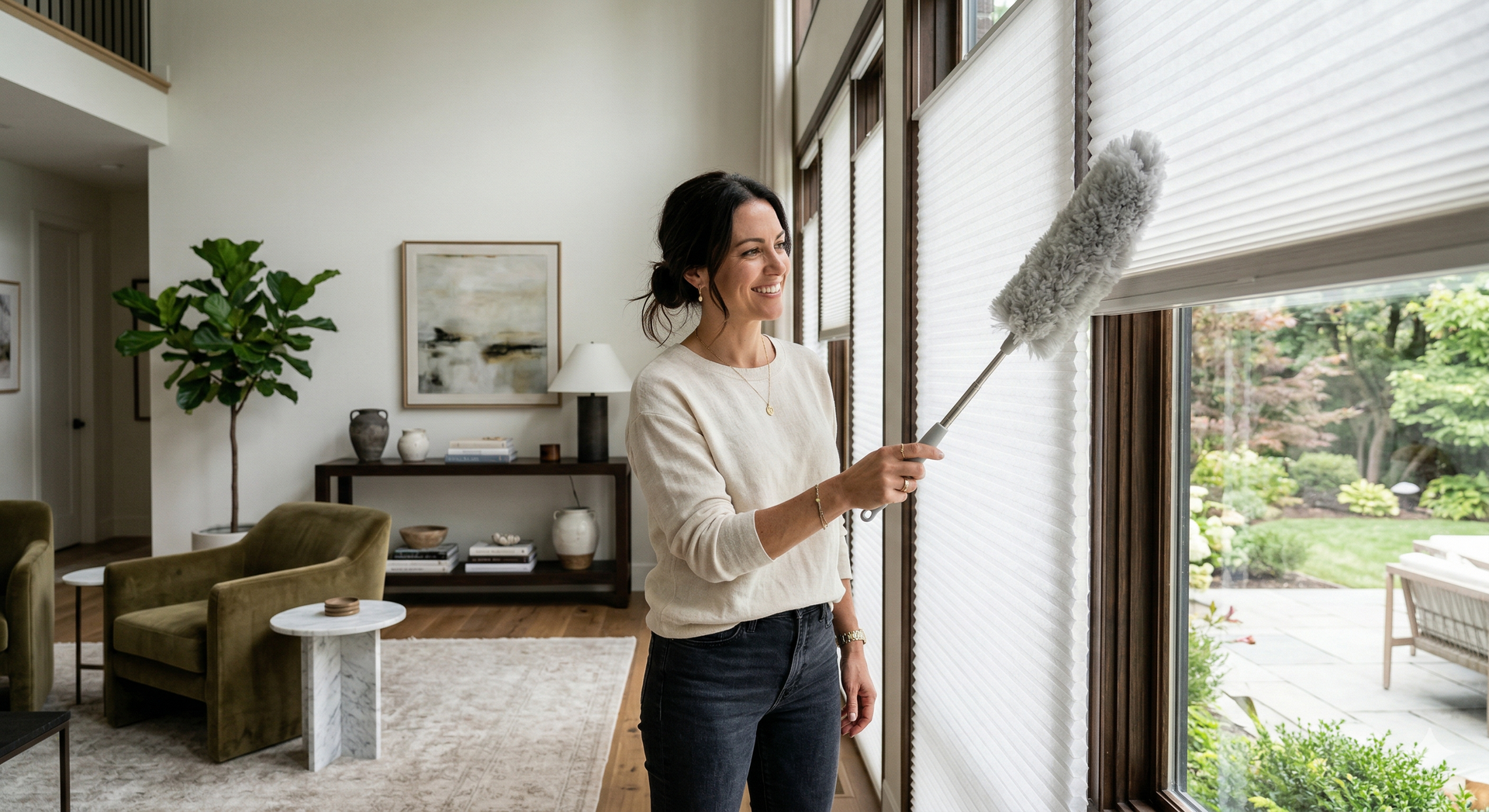 A person cleaning white honeycomb shades on a tall window with a duster in a modern, sunlit living room.