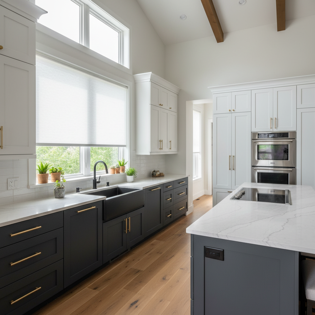 Modern kitchen with white and dark gray cabinets, island, and wood floor.