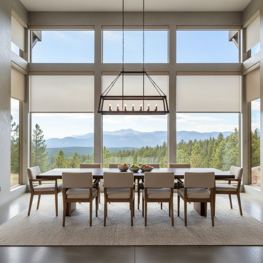 Dining room with large windows overlooking mountains; table, chairs, chandelier, and beige roller shades.