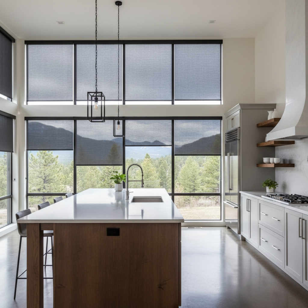 Kitchen with large windows, island, and view of trees and water. Black solar shades, white cabinets, modern lighting.