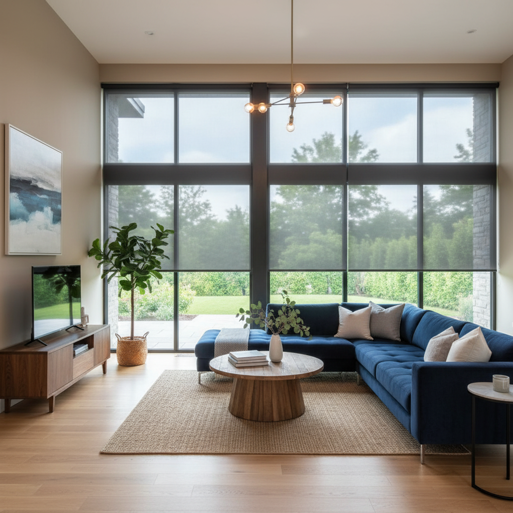 Modern living room with a large blue sectional, round wooden coffee table, and floor-to-ceiling windows with roller shades.