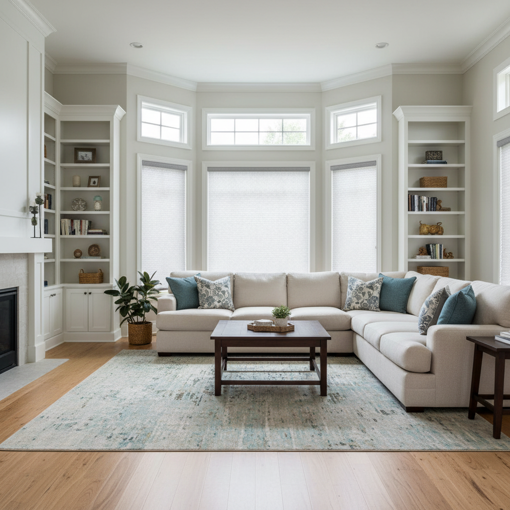 Living room with sectional sofa, built-in bookshelves, bay windows with honeycomb shades