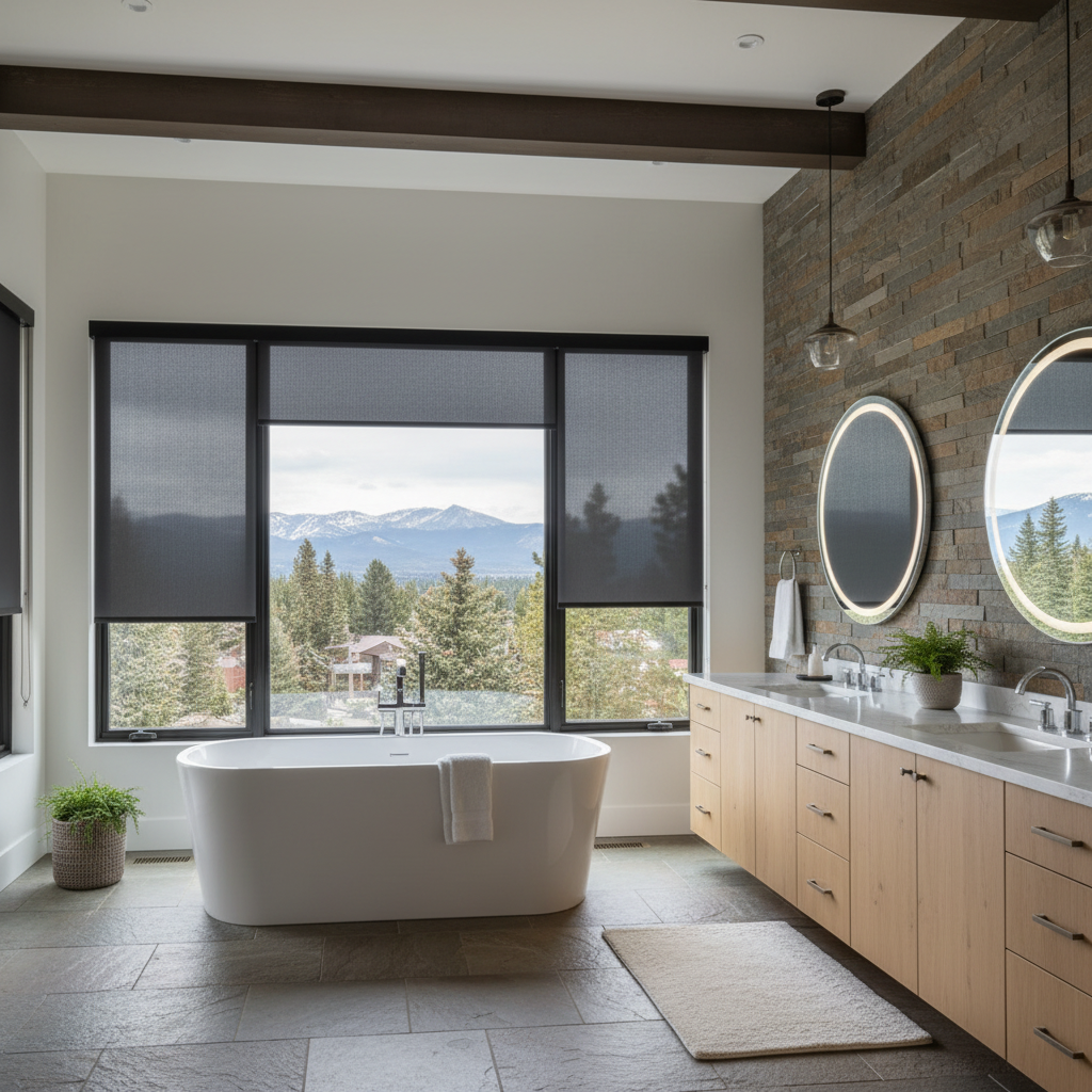 Modern bathroom with freestanding tub and large window with solar shades - love is blinds, co