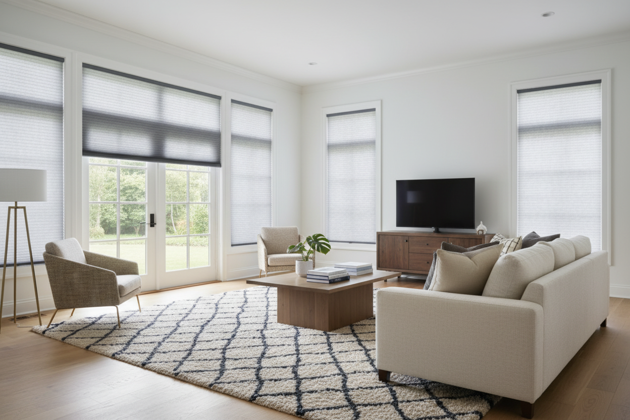Living room with white walls, honeycomb window shades, sofa, chairs.