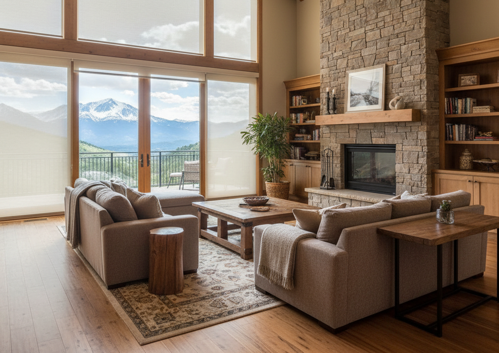 Living room with large windows overlooking mountains with solar shades - love is blinds, co