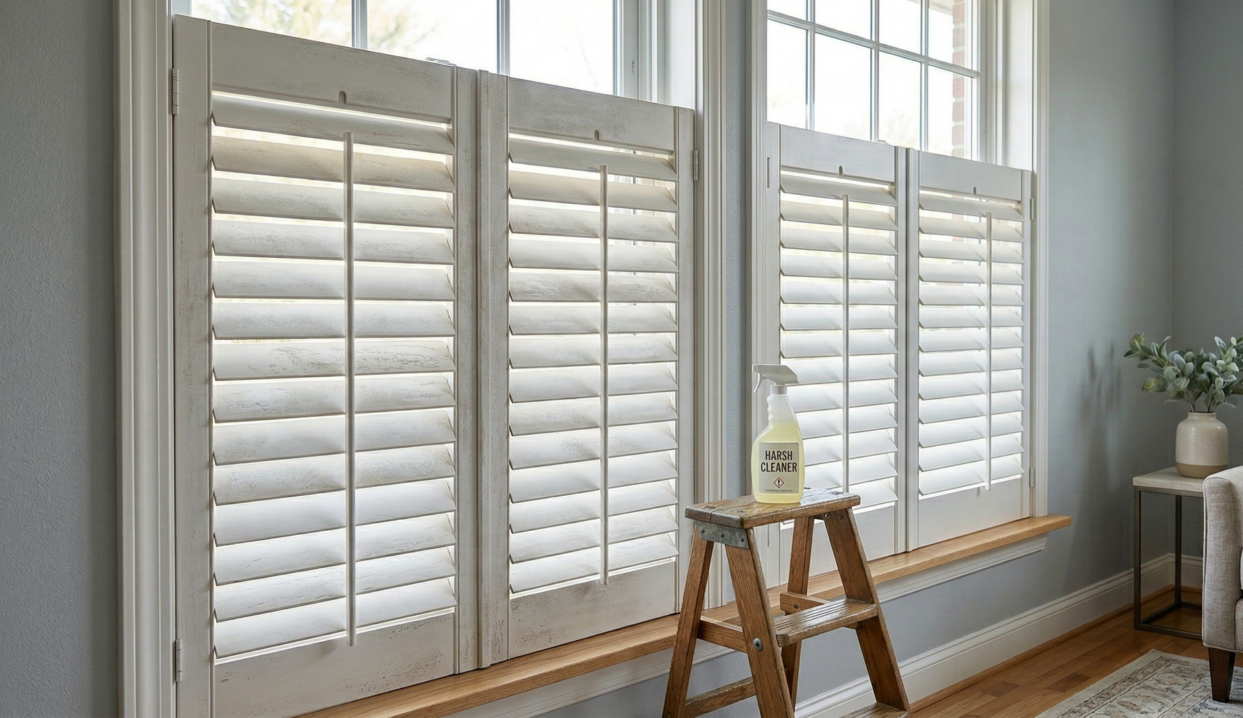 White plantation shutters installed on double windows in a living room, with a wooden stepladder and cleaner nearby.