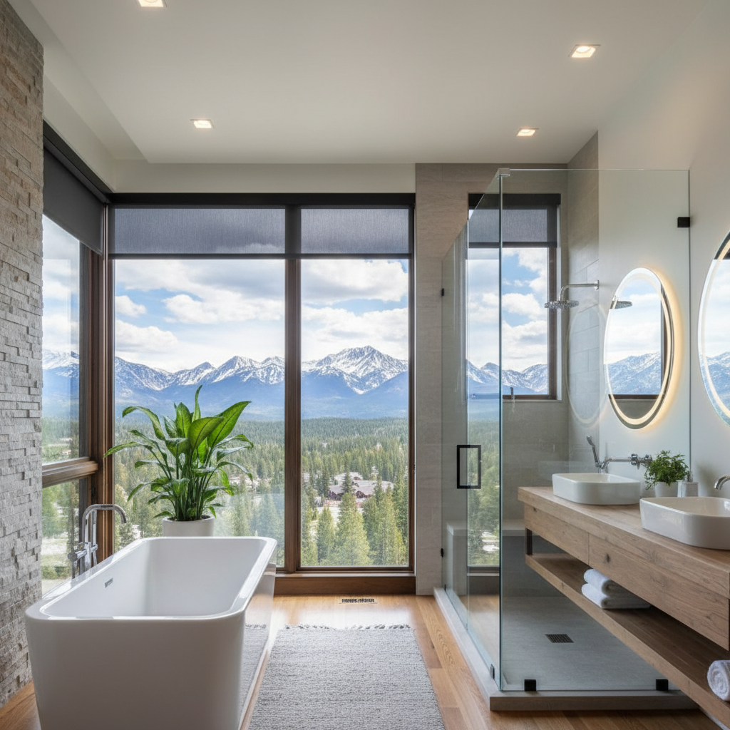 Modern bathroom with mountain view, soaking tub, solar shades in co springs - love is blinds