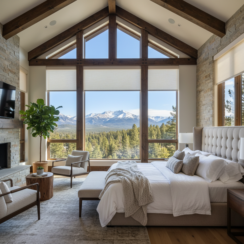 Bedroom with mountain view, vaulted ceiling, large windows, stone fireplace, and light-colored roller shades.