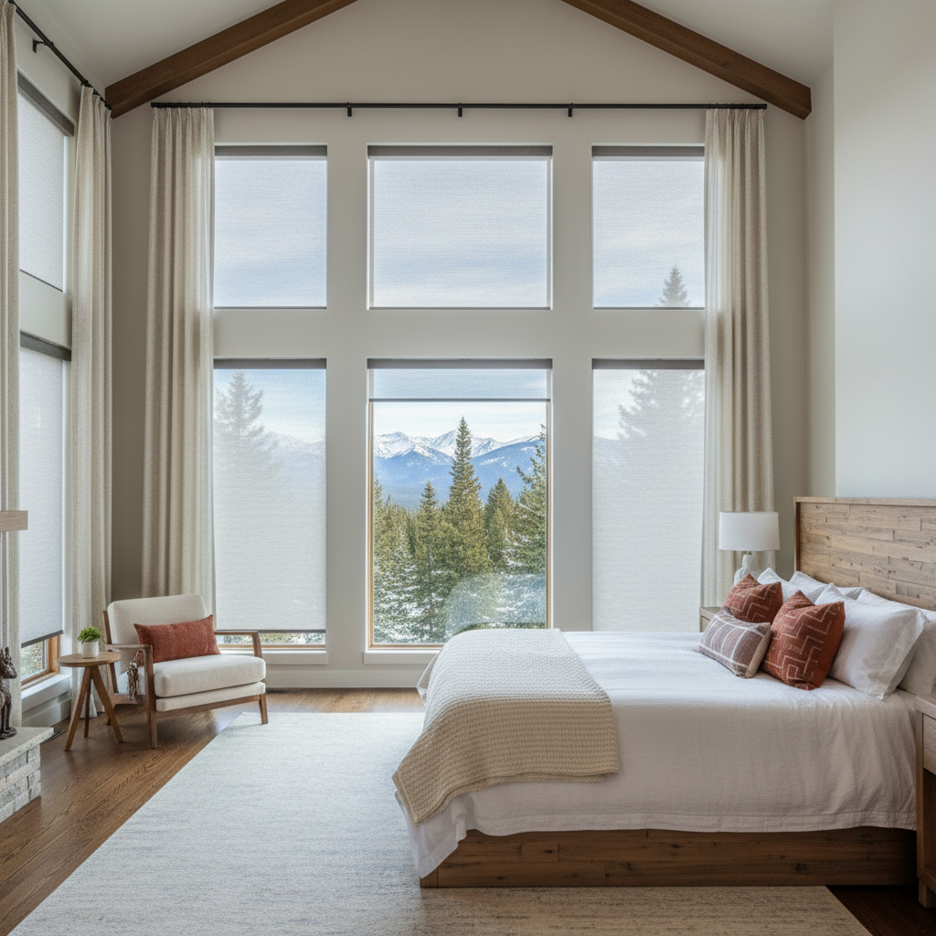 Cozy bedroom with large windows, mountain view, white solar shades in CO Springs - love is blinds, co