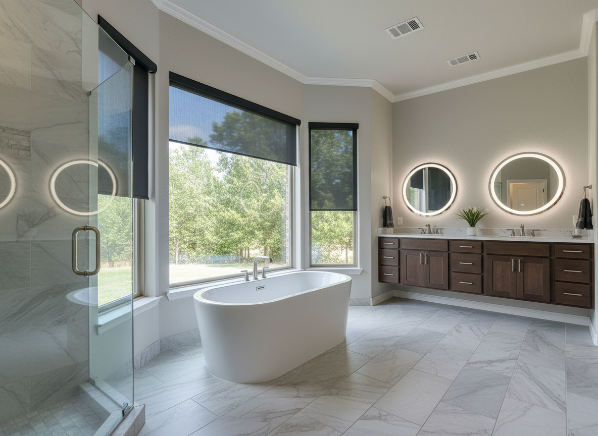 A modern, spacious bathroom with a freestanding white tub, dual wood vanities, large windows, and light gray tile flooring.