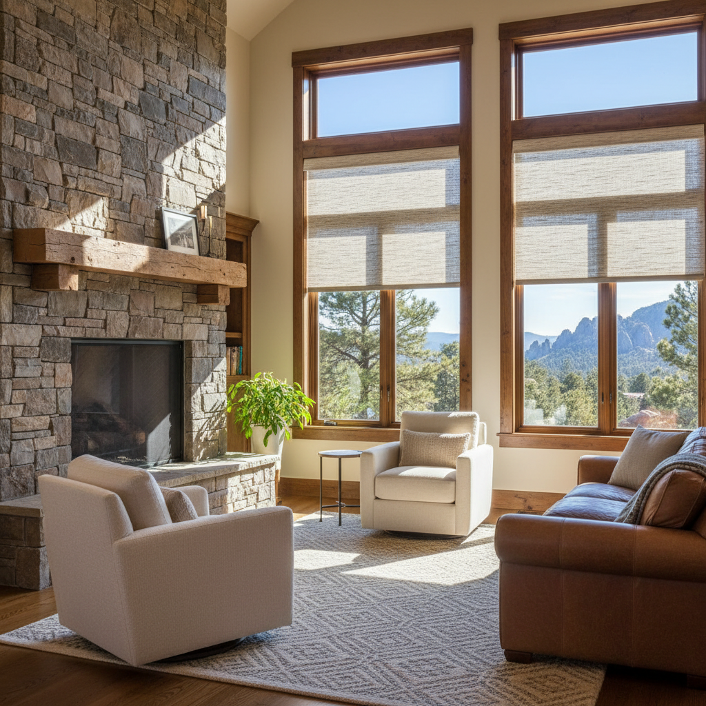 Living room with fireplace, mountain view, sheer shades, and a brown leather sofa.