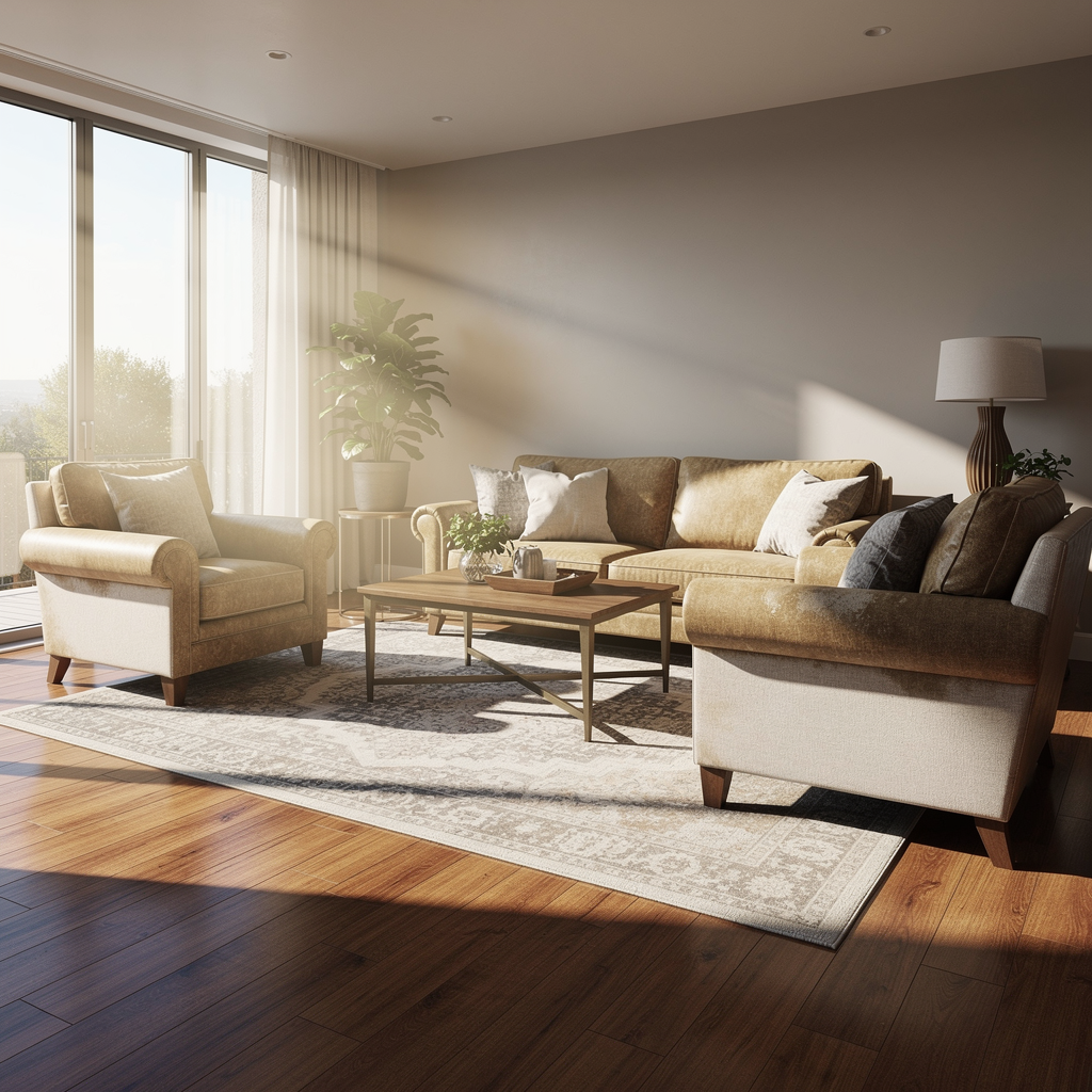 Sunlit living room with beige sofas, armchair, coffee table, rug, and wooden floor near large windows