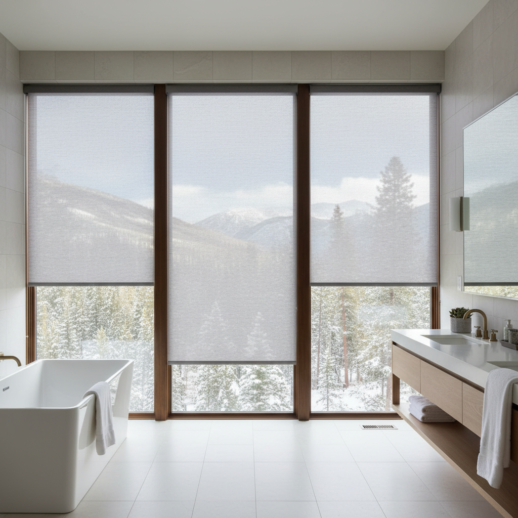 Bathroom with large window, mountain view, white bathtub, sink, and neutral solar shades.