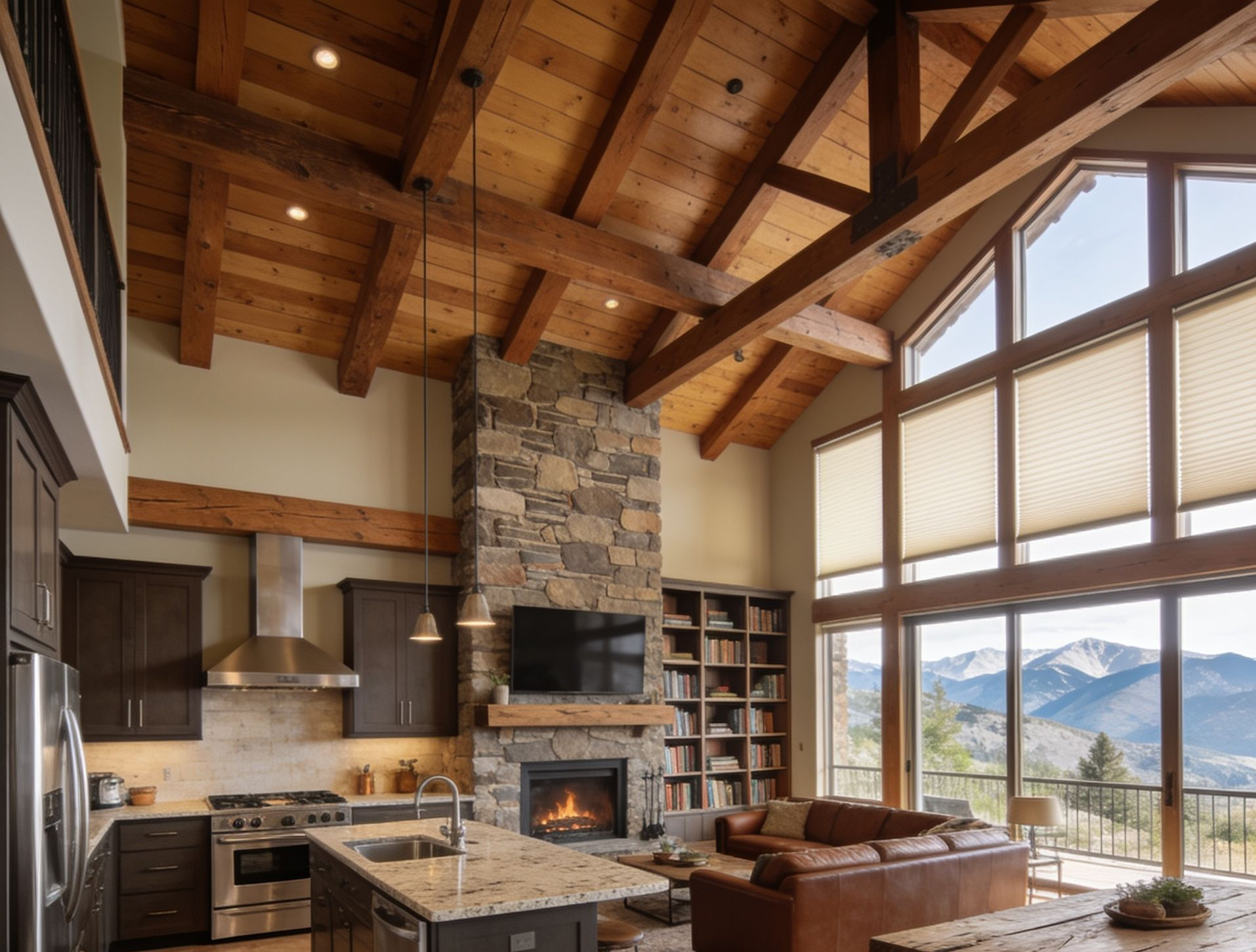 Luxury living room with stone fireplace, wood beams, leather sofa, and mountain-view windows