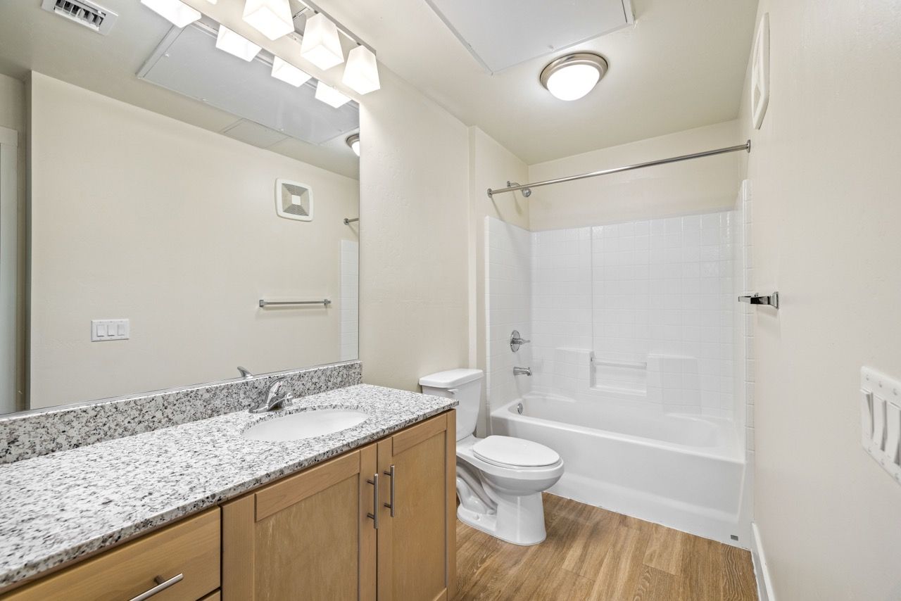 Bathroom with granite countertop, wood vanity, toilet, and a white tiled tub/shower.