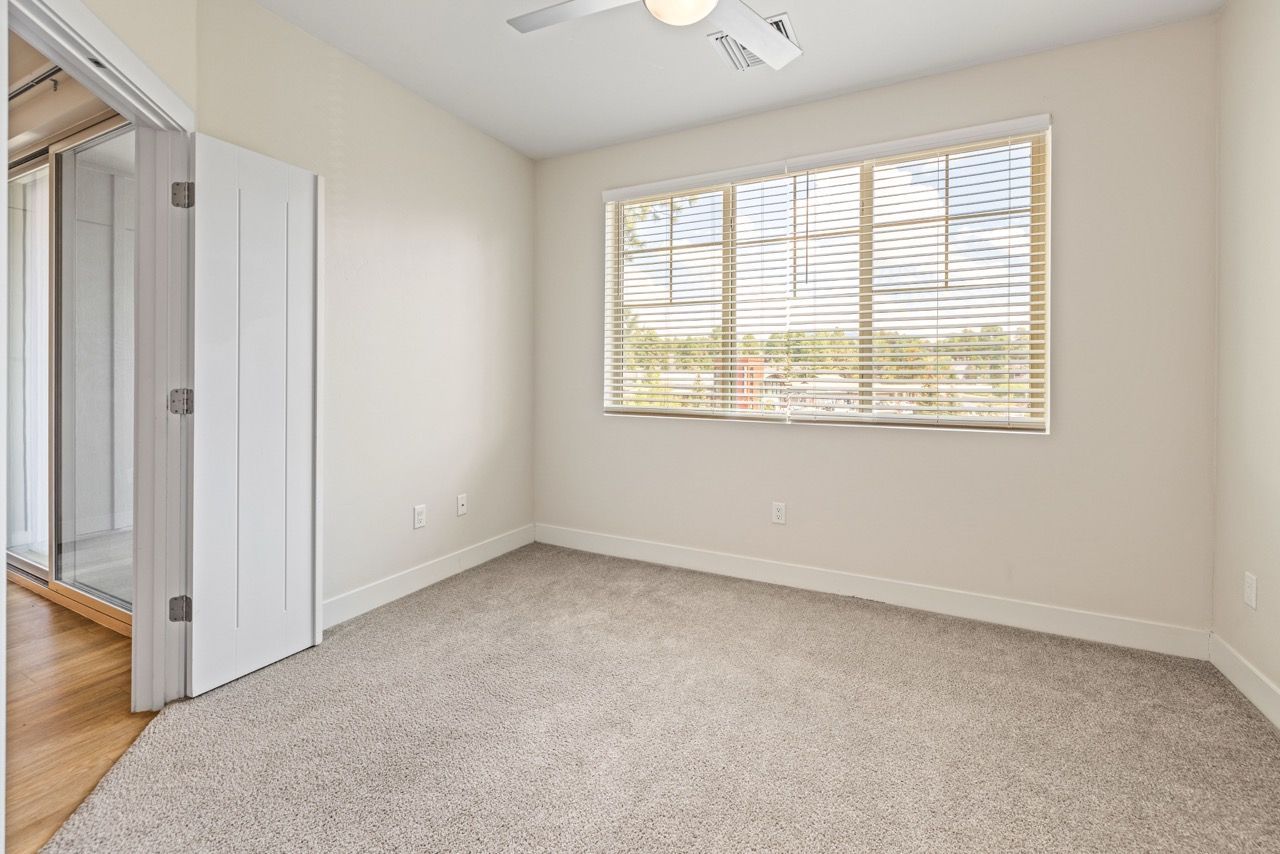 Empty bedroom with beige walls, plush carpet, a large window with blinds, and a ceiling fan.