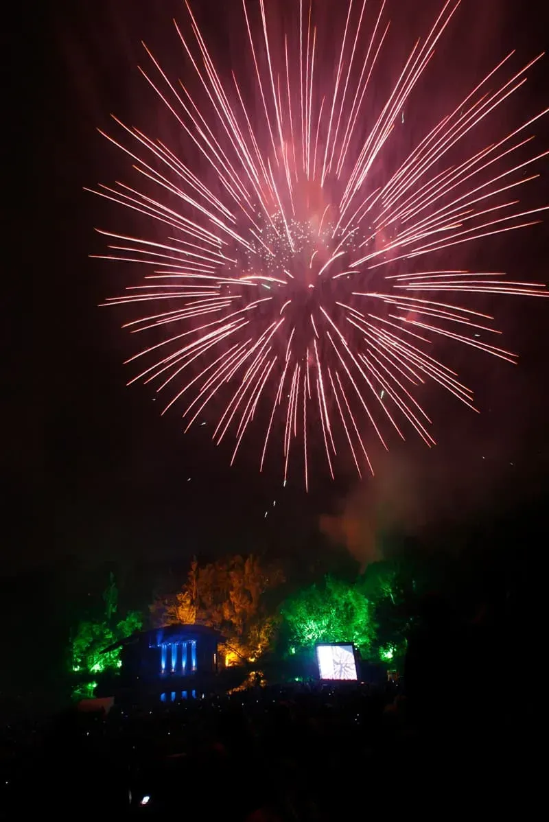 A large firework display is going off in the night sky