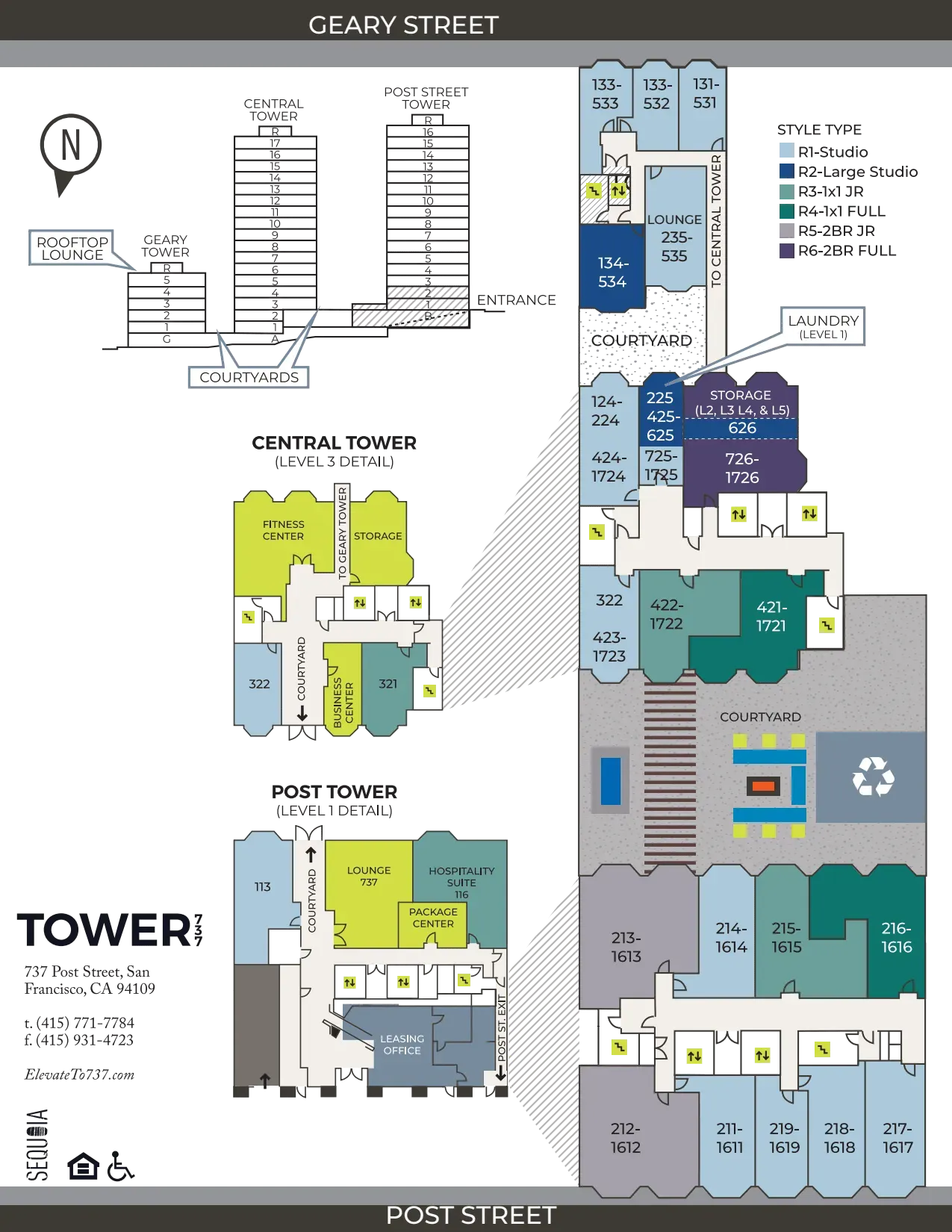 Floor plan of a building, showing Central Tower, Port Tower, and Courtyard, with directional indicators.