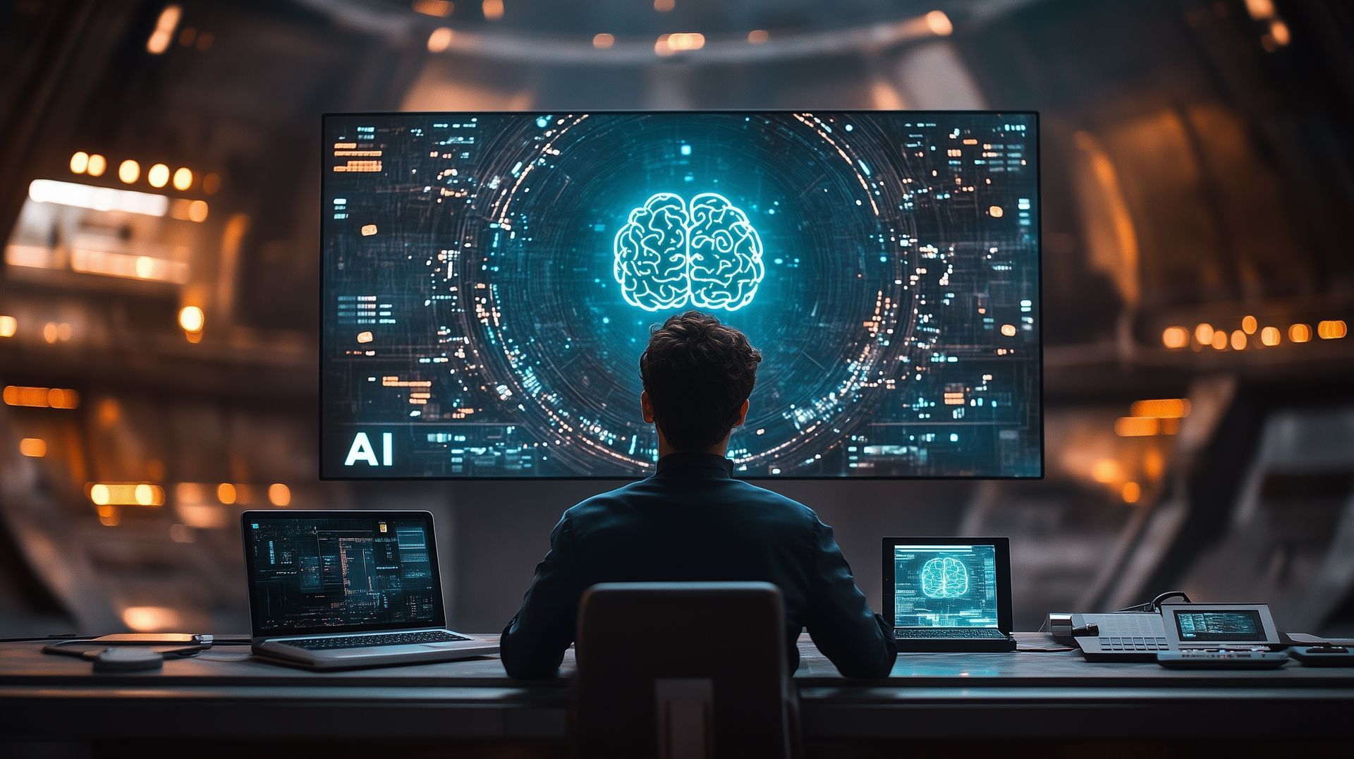 A man is sitting in front of a computer screen with a brain on it.