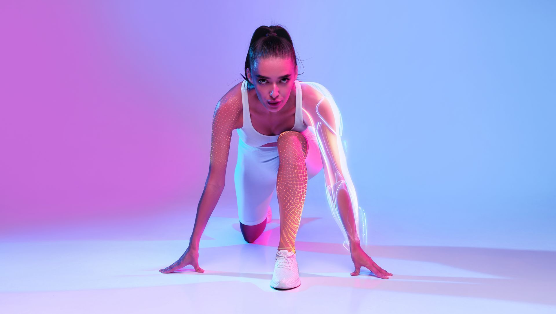 A woman is getting ready to run on a purple and blue background.