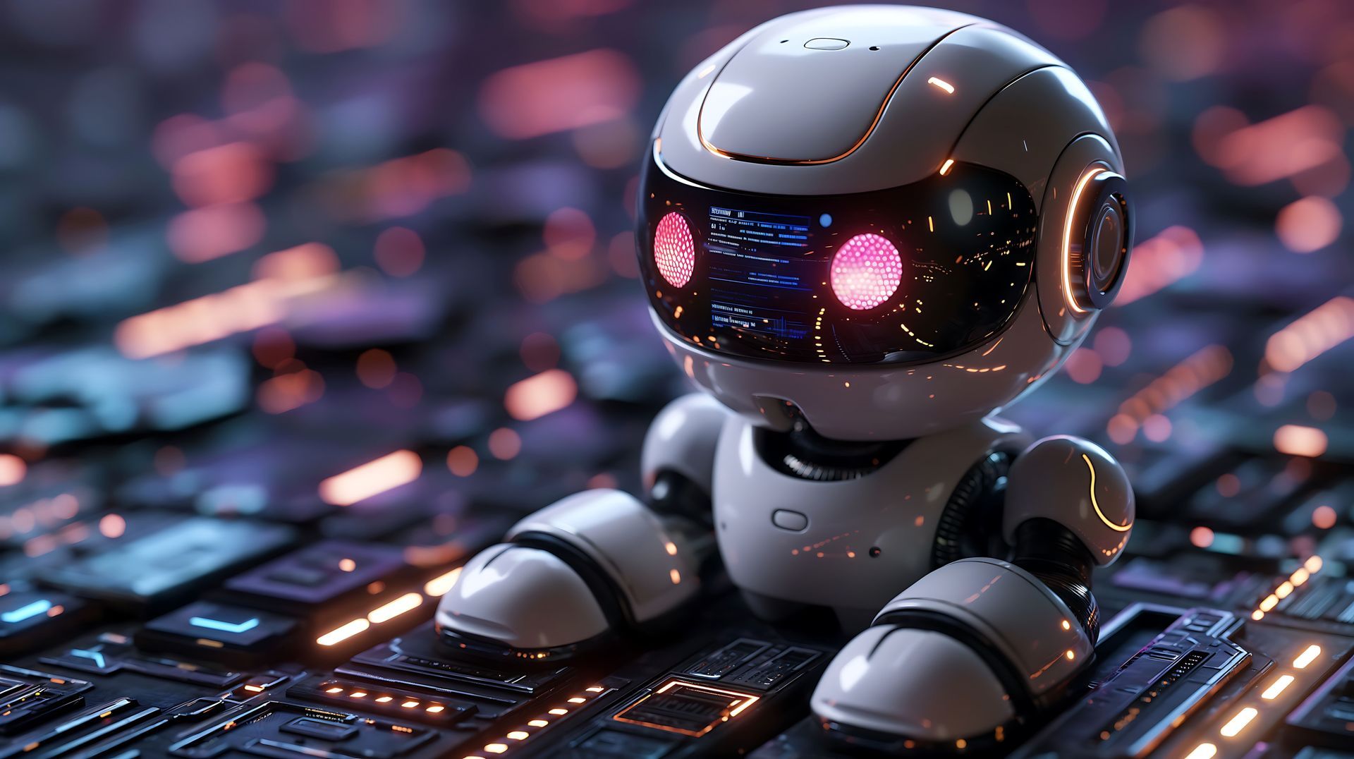 A small robot is sitting on top of a computer keyboard.