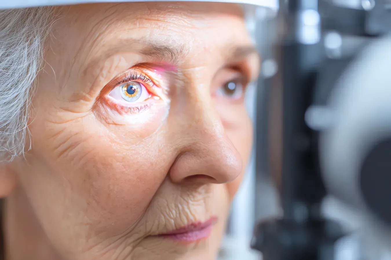 Close-up of eye during cataract evaluation with slit lamp exam