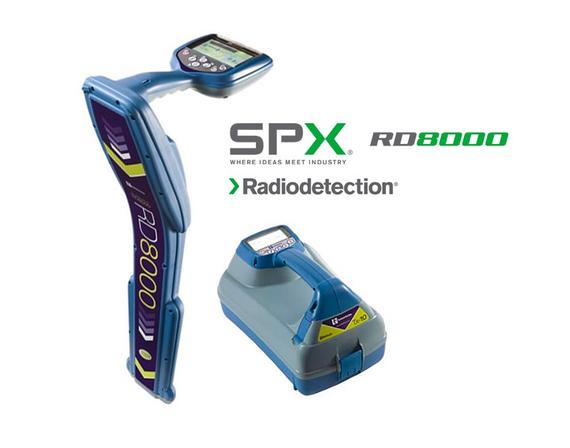 Blue and gray RD8000 cable and pipe locator with transmitter, by Radiodetection/SPX.